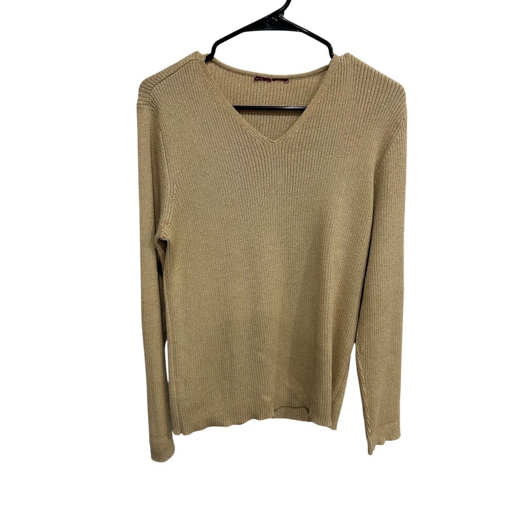 Womens Tan Ribbed Long Sleeve Casual Lightweight Knit V-Neck Sweater Minimalist